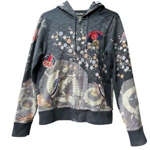 Y2K Rare Vintage Lucky Brand Asian Art Geisha Zip Up Hoodie Embroidered EUC  Lg
